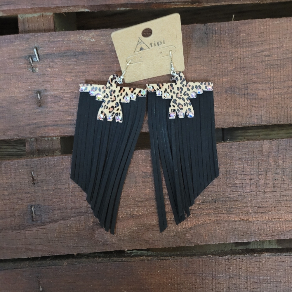 Crystal Leopard Wood Thunderbird Fringe Earrings